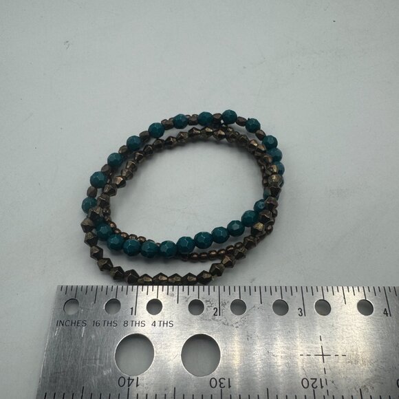 Beaded Goldtone Bracelet Set Elastic Multistrand Faceted Teal Beads - Picture 3 of 3